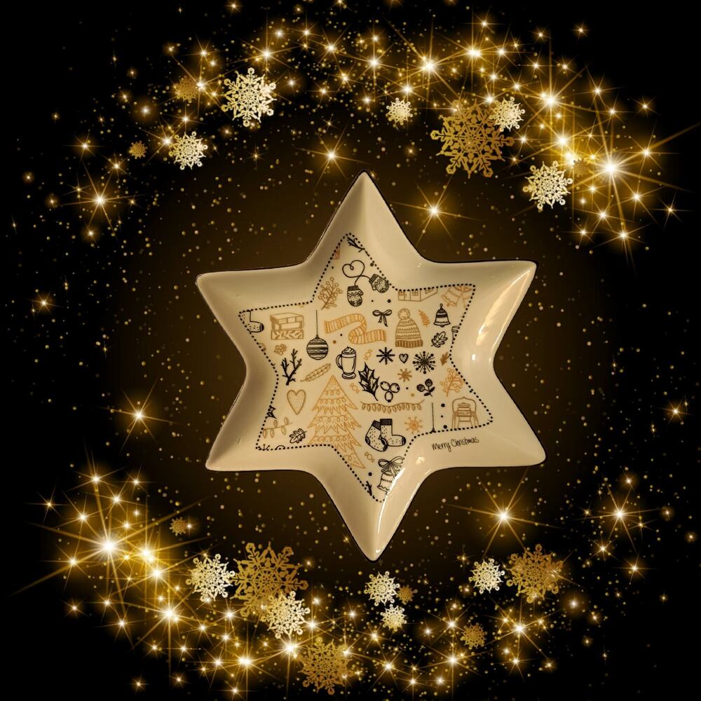 10" Black & Gold Christmas Star Plate Holiday Decoration or Gift